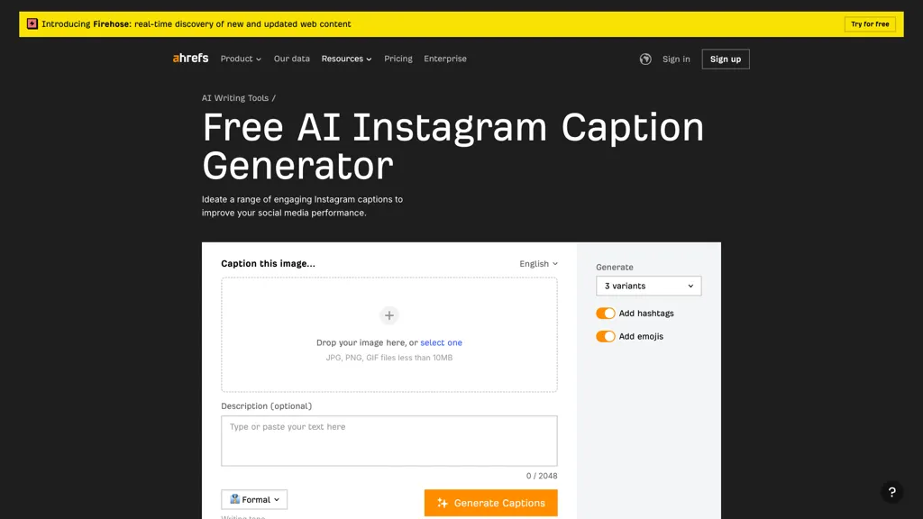Instagram caption generator 官网截图