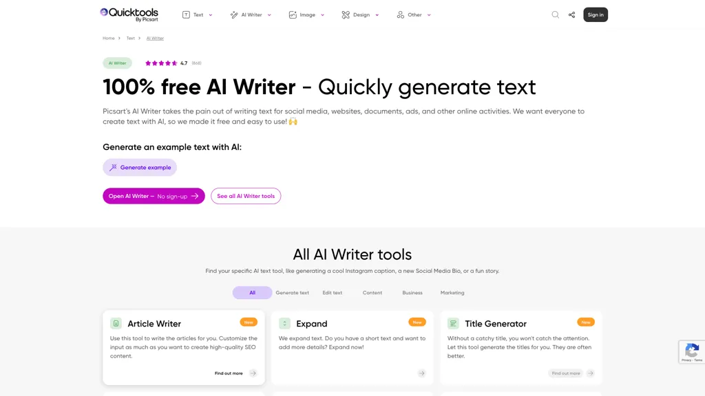AI Writer by Picsart 官网截图