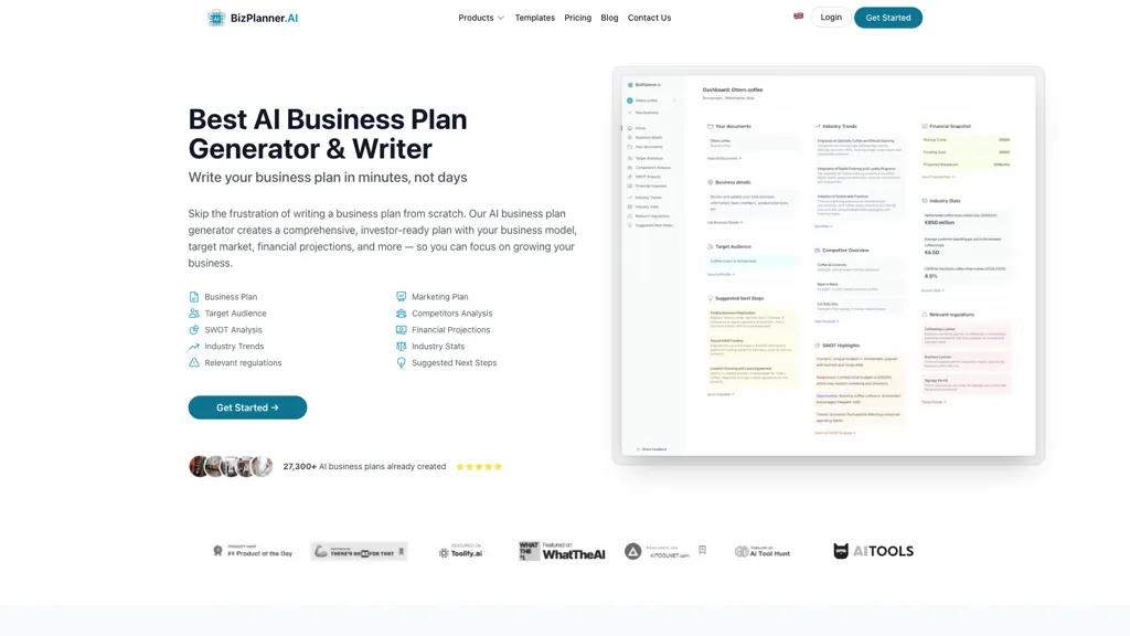 BizPlannerAI 官网截图