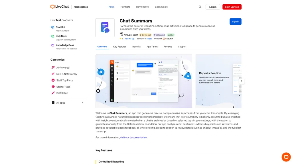Chat Summary for LiveChat 官网截图
