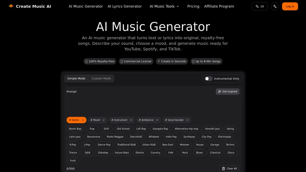 Create Music AI 官网截图