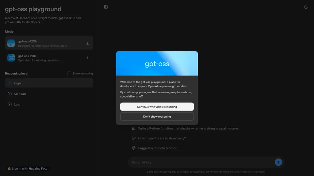 gpt-oss playground 官网截图