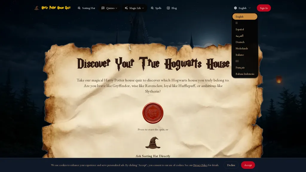 Harry Potter House Quiz 官网截图
