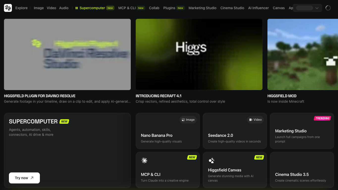 HiggsField AI 官网截图