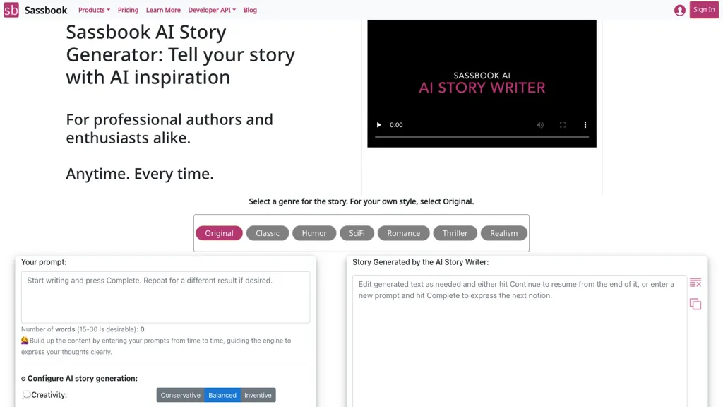 Sassbook AI Story generator 官网截图