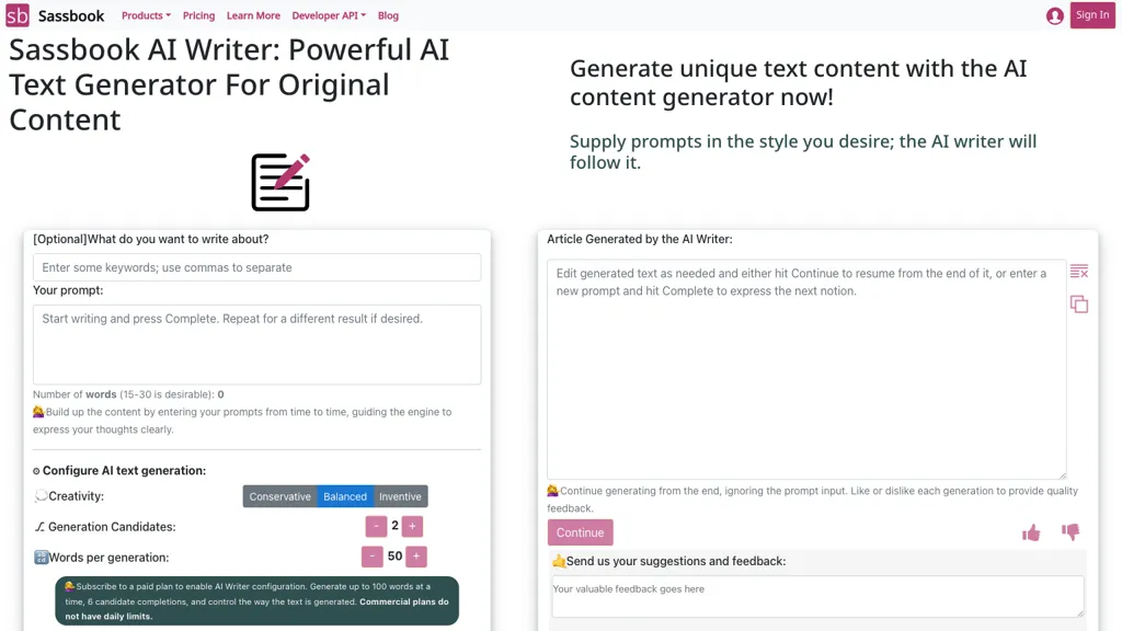 Sassbook AI Writer 官网截图
