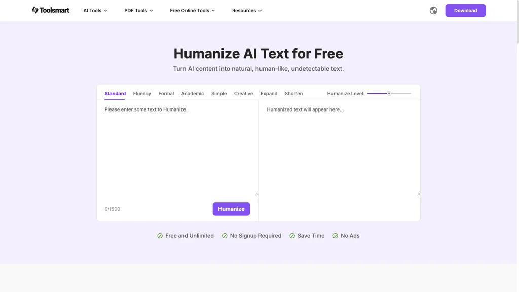 Toolsmart Free Humanize AI 官网截图