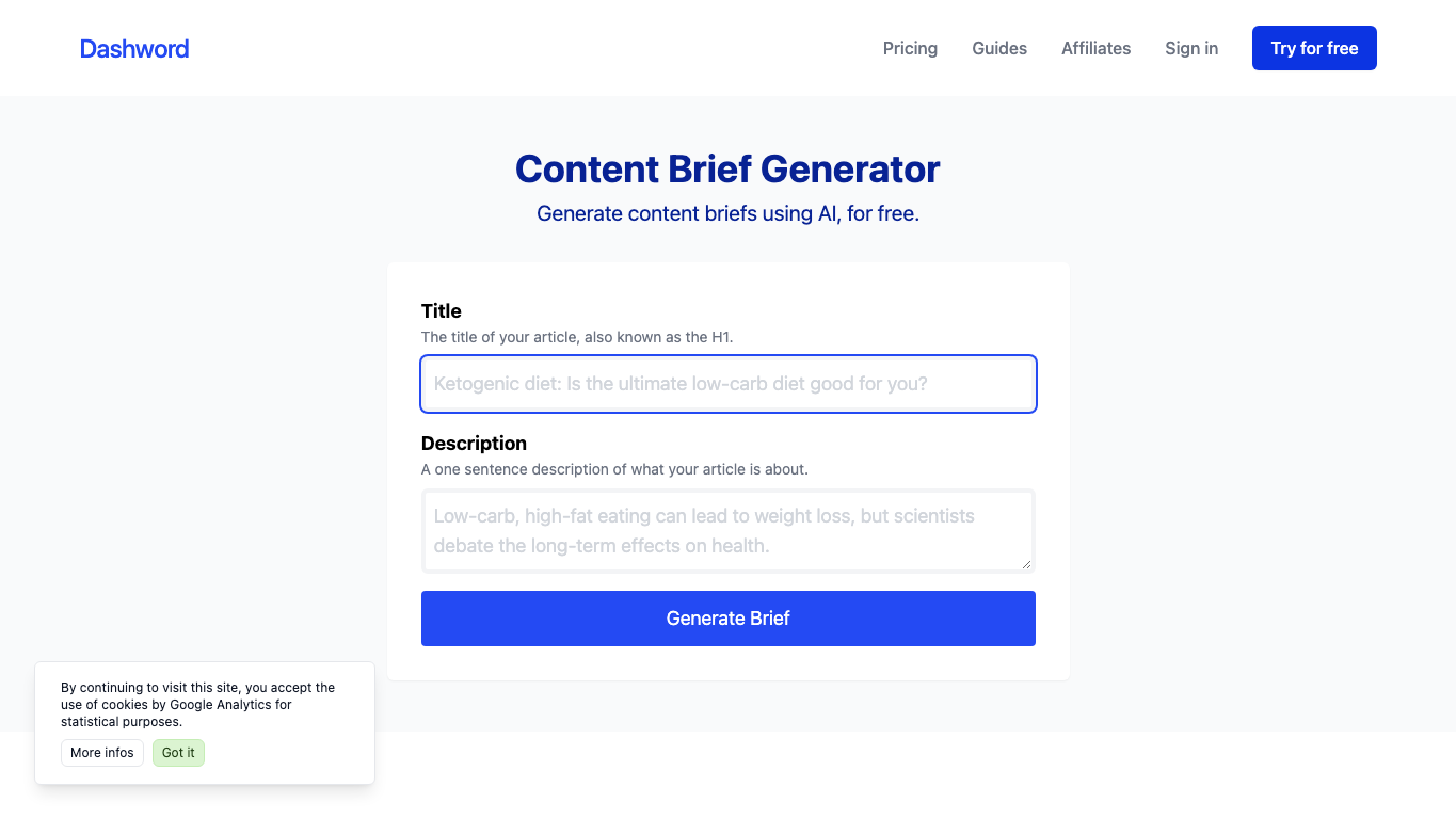Content brief generator 工具截图