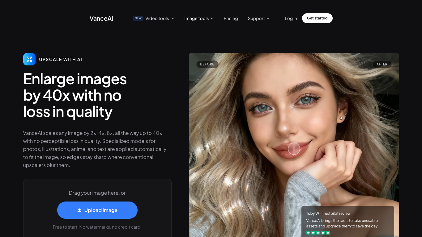 VanceAI Image Upscaler 官网截图