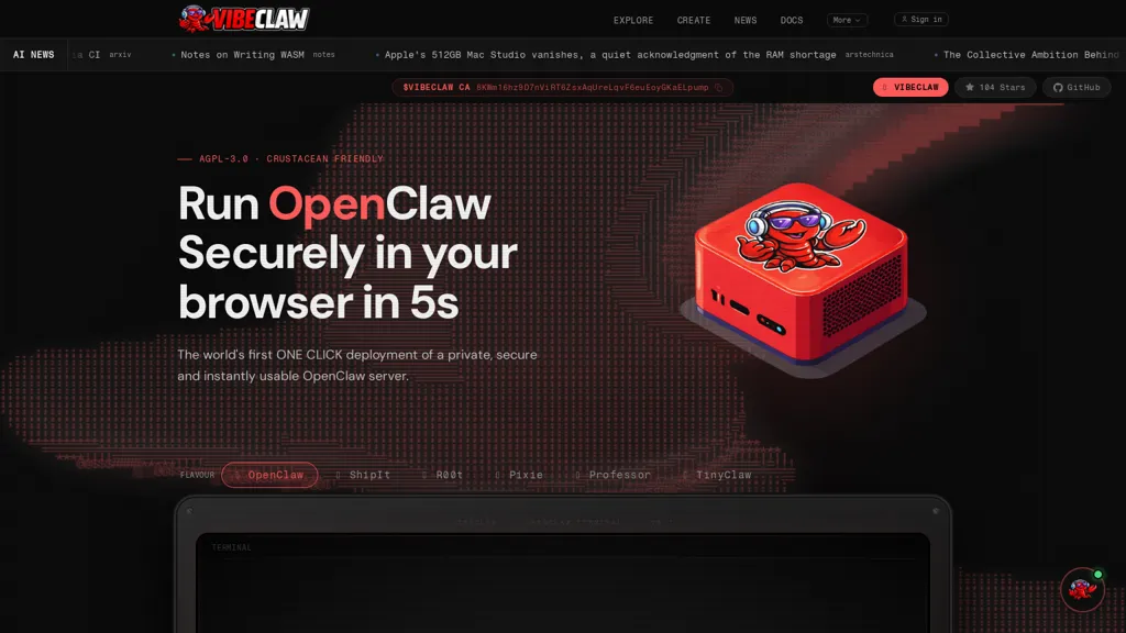 VibeClaw.dev 官网截图