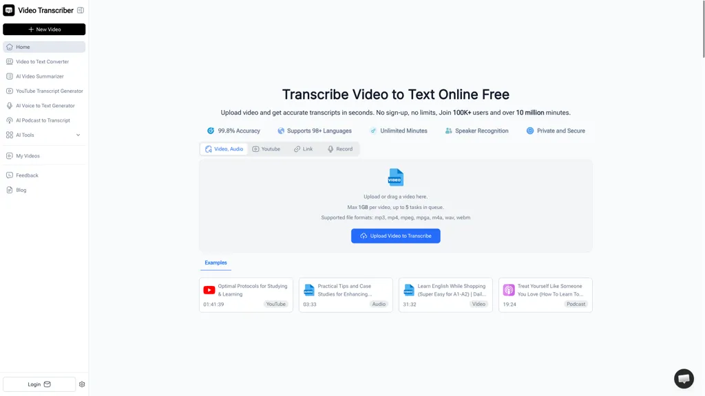 Video Transcriber AI 官网截图